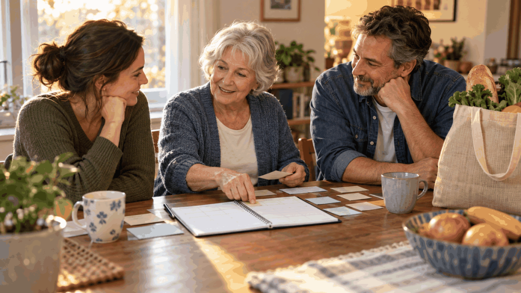 Family preparing a home support schedule around a dining table