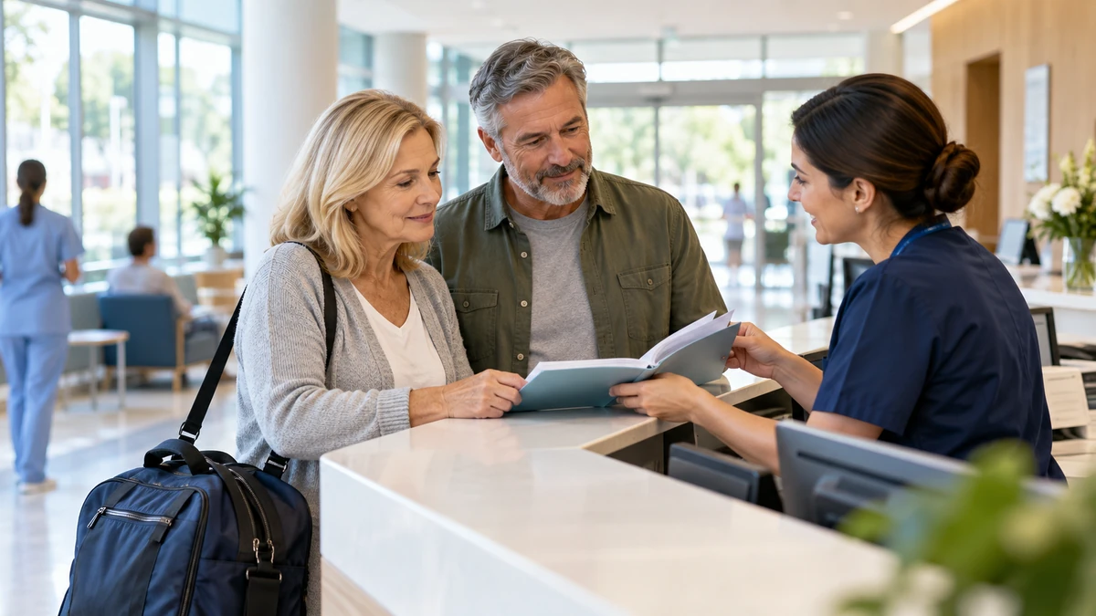 Hospital admission checklist discussion at a hospital reception desk