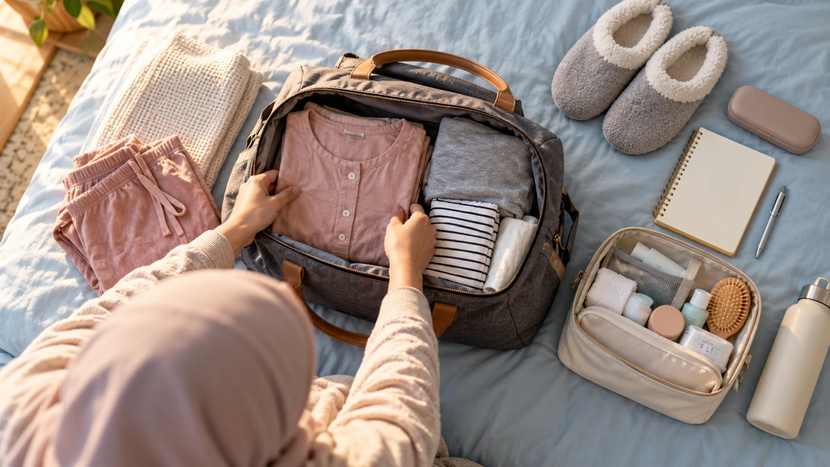 Hospital bag checklist essentials arranged beside a compact overnight bag