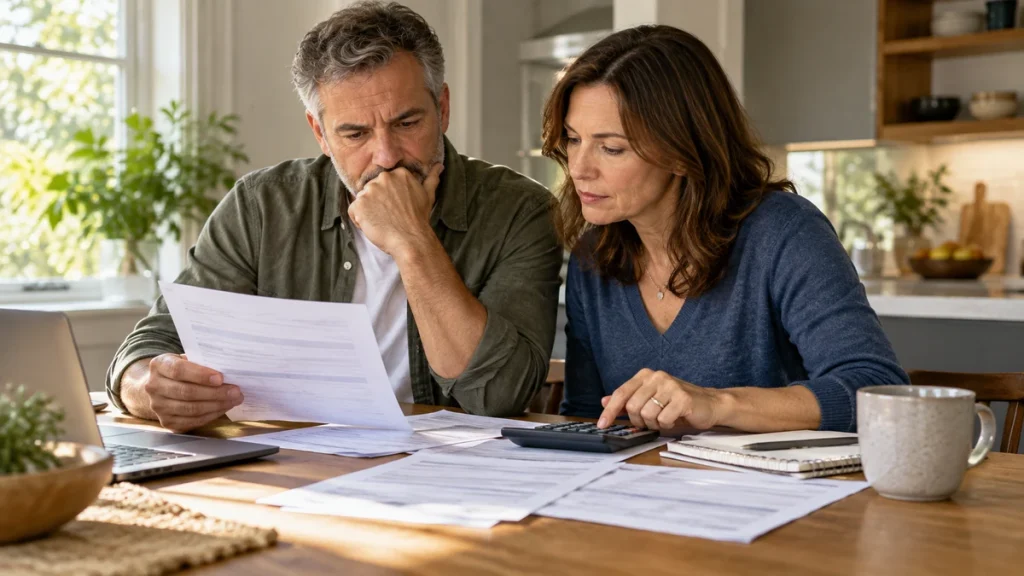 Two adults completing a hospital bill review with documents and a calculator