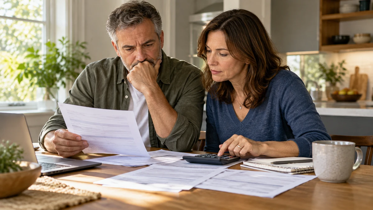 Two adults completing a hospital bill review with documents and a calculator