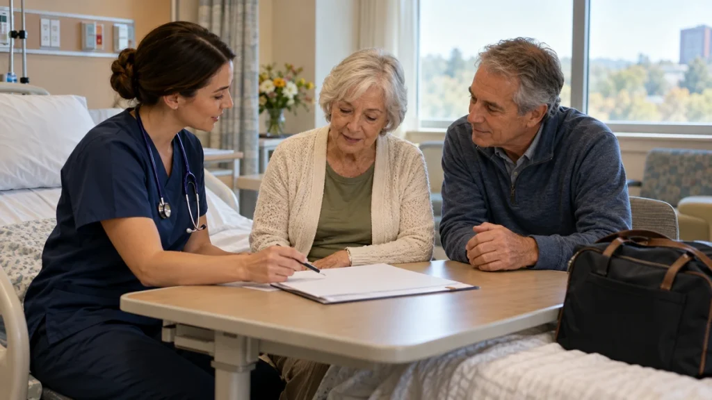 Hospital discharge checklist being discussed by a nurse, patient and companion