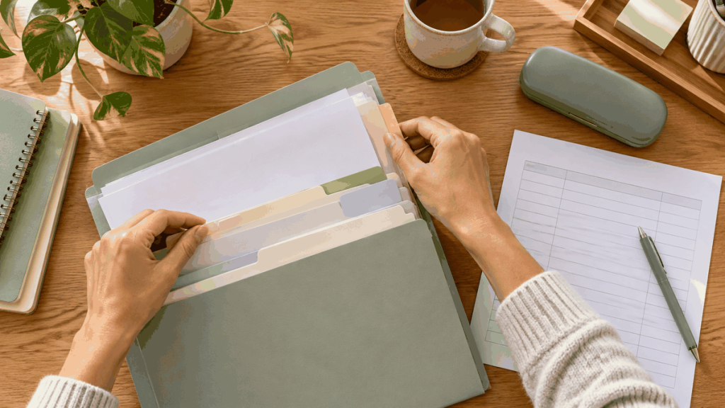 Hospital document tracker beside a folder and blank tracking sheet
