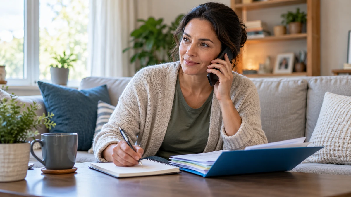 Patient arranging a hospital follow-up appointment by phone with a document folder