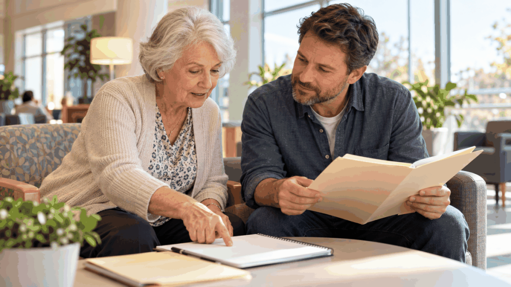 Hospital support person helping an older patient organise documents