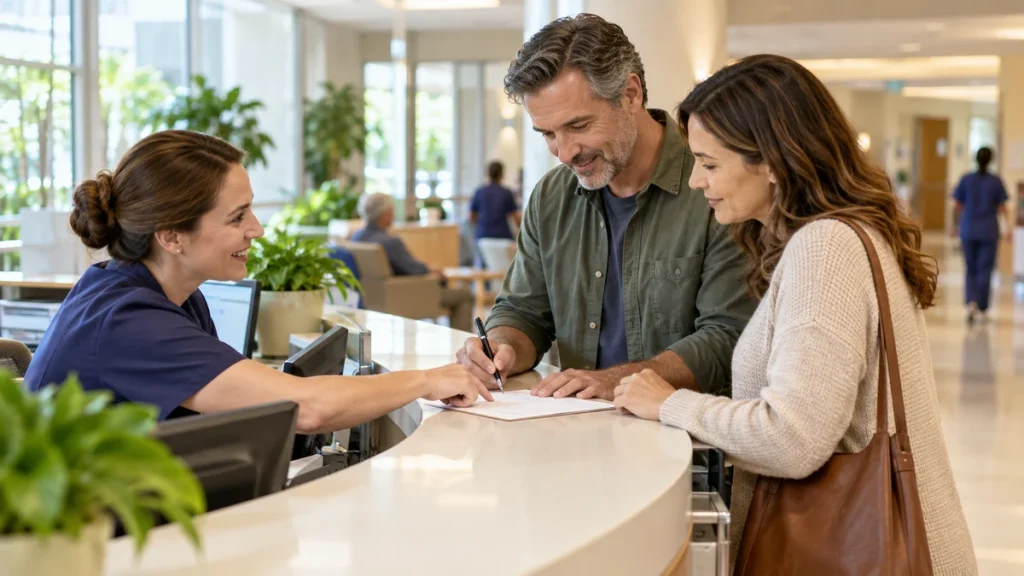 Visitors checking hospital visitor checklist information at a reception desk