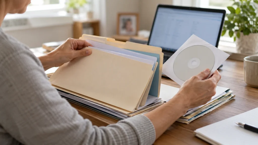 Medical records folder with blank papers and an unlabelled disc sleeve