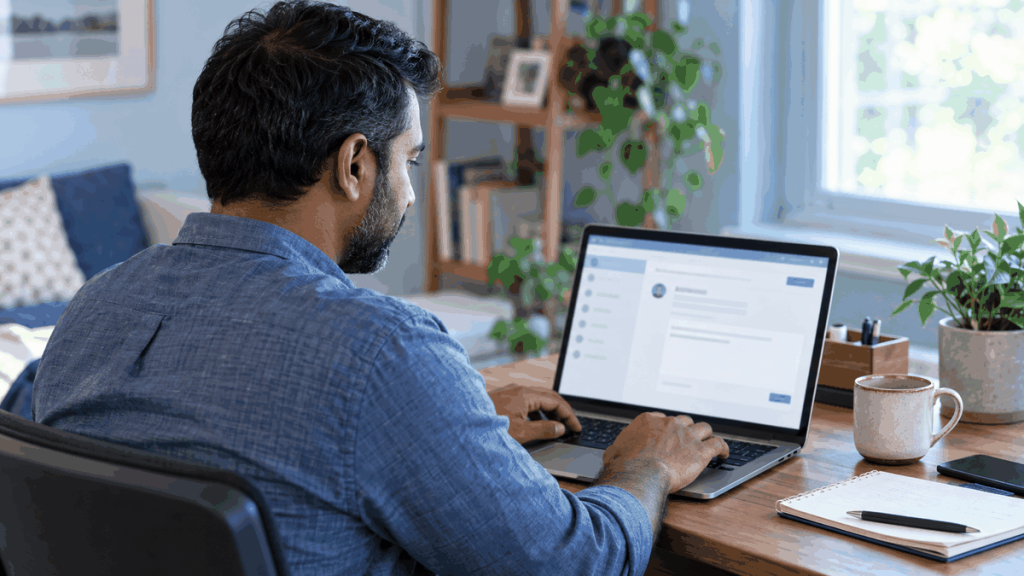 Man writing a patient portal message on a laptop at home