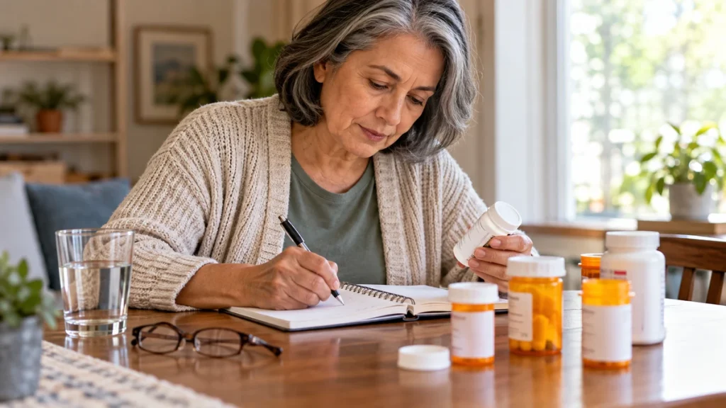 Personal medication list being prepared with generic medicine containers at home