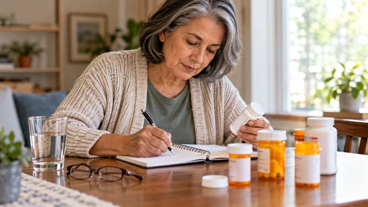 Personal medication list being prepared with generic medicine containers at home