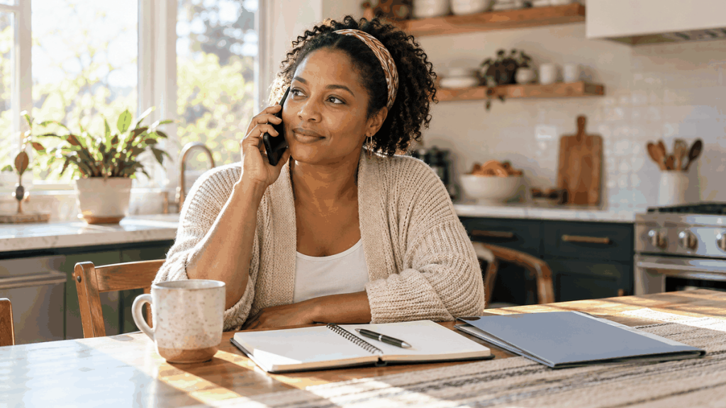 Woman taking a pre-surgery phone call with a notebook nearby